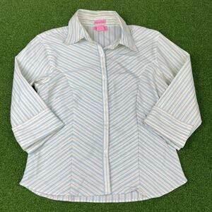 She's Cool Stretch Blue Striped 3/4 Sleeve Button Down Shirt Sz L